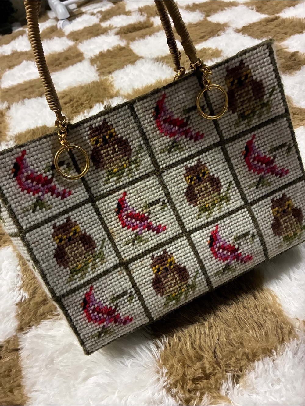 Handcrafted Beige Cross-Stitch Tote Bag with Pink Bird and Brown Owl Motif